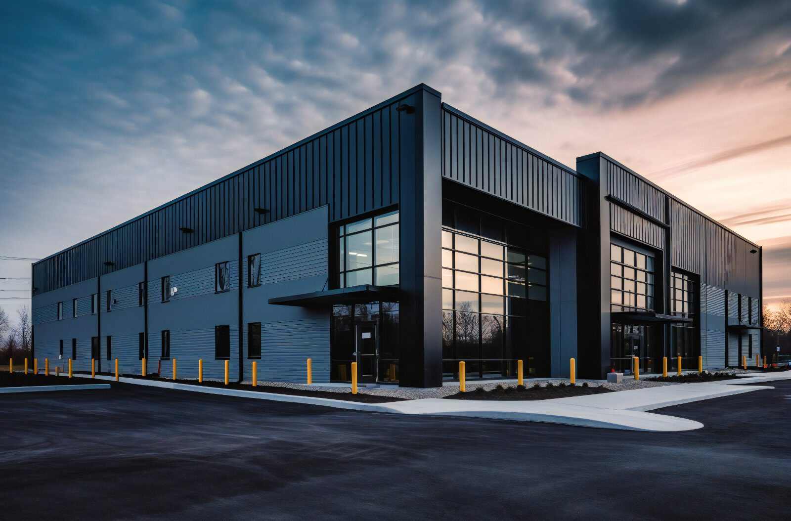 a large industrial building with an open door